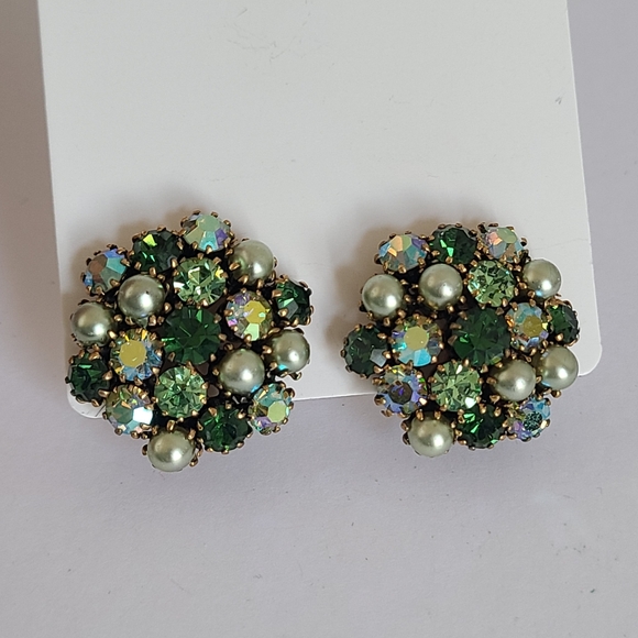 Vintage Mid Century Mod Gold Green Crystal AB Rhinestone Chunky Clip-On Earrings - Picture 7 of 9